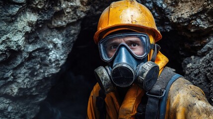 Obraz premium Resilient miner in protective gear faces challenging underground conditions