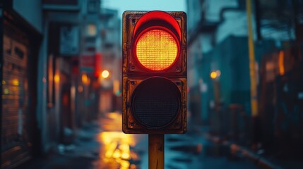 Urban scene with red traffic light at dusk in rainy city street