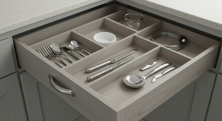 Organized Kitchen Drawer Showing Silverware and Accessories in a Wooden Tray