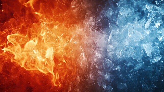 Fire and ice collide creating a powerful contrast of orange flames and blue ice crystals generating an intense visual effect
