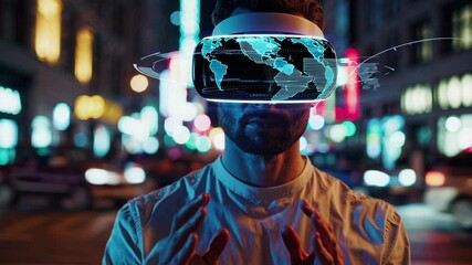 Immersive virtual world exploration at night with futuristic vr headset in urban setting. 4k stock footage - Powered by Adobe
