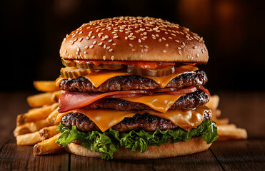 Delicious double cheeseburger with layers of cheese, ham, and pickles, served with crispy fries on wooden table. mouthwatering meal for burger lovers
