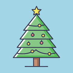 Vector Christmas tree with lights and star, A vector illustration of a Christmas tree decorated with lights, ornaments, and topped with a yellow star, representing holiday cheer.  
