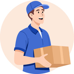 Illustration of a delivery man holding a neatly packed cardboard box and being professional