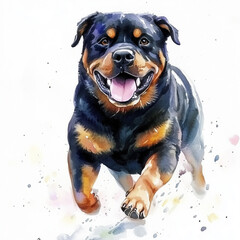 Fototapeta premium Illustration of the Rottweiler dog, soft watercolor tones, white background, detailed illustration, cartoonish.