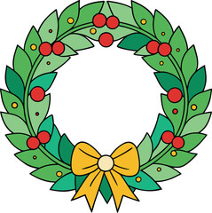 Vector Christmas wreath with red berries and bow, A colorful vector illustration of a Christmas wreath decorated with red berries and a yellow bow, symbolizing holiday cheer.  
