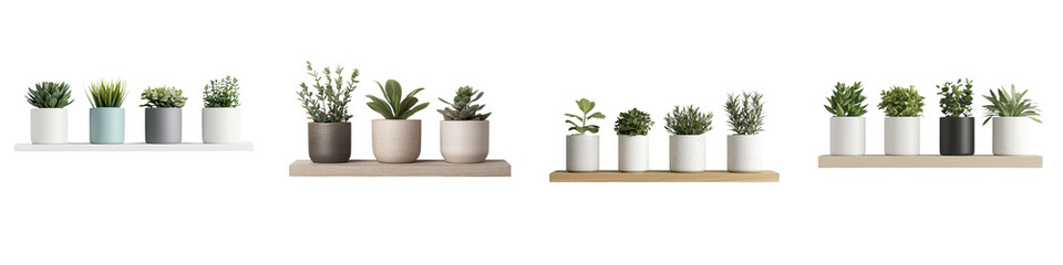 Fototapeta premium A collection of succulents cacti and other houseplants arranged on minimalist wooden shelves creating a contemporary and nature inspired home decor display
