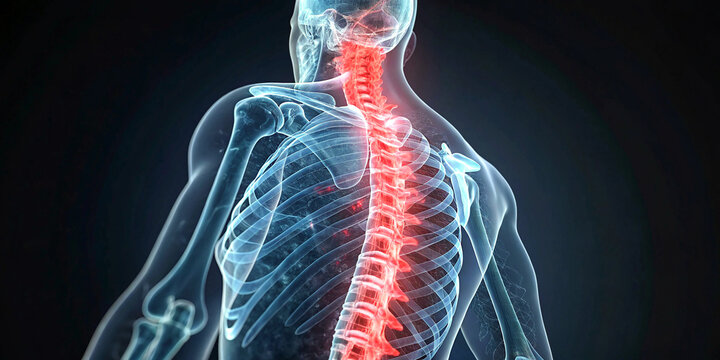 Medical illustration, human skeleton, spinal cord highlighted in red, transparent body, x-ray view, digital 3D rendering, anatomical diagram, blue holographic background, educational visual, - Powered by Adobe