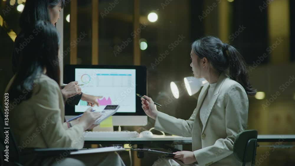 Poster close up of hand teamwork business group are meeting working overtime and brainstorming about busine