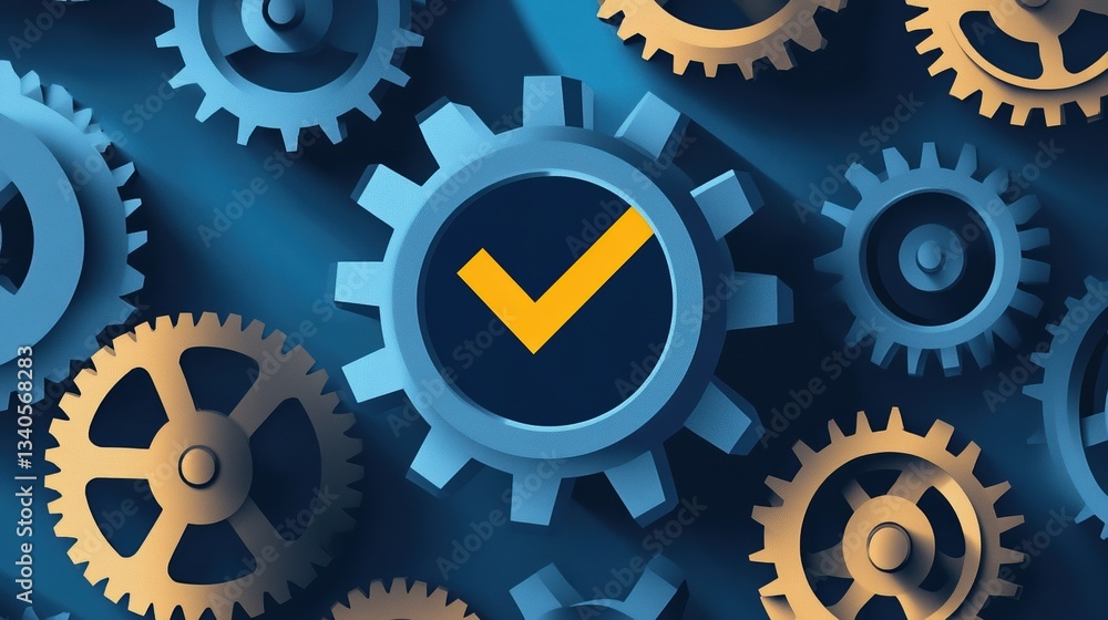 Poster a series of interconnected gears with a prominent gear displaying a checkmark, symbolizing precision