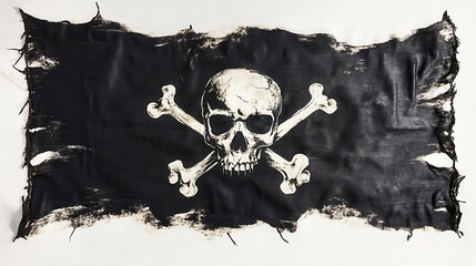 tattered pirate flag burnt edges displays bold black white design featuring skulls crossed bones emblazoned defiant phrase pirates