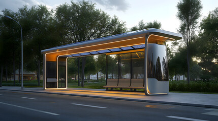 Obraz premium A modern and efficient urban bus stop with solar panels and LED lights, offering a sustainable and energy-saving solution for city transportation.