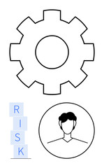 Gear for process efficiency, human icon for decision-making, and risk blocks symbolize uncertainty. Ideal for business, strategy, leadership, processes, planning, management abstract line flat