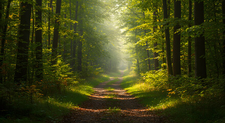 Fototapeta premium Walking Path Through Green Forest with Sunbeams and Nature Scenery