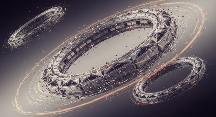 Floating Geometric Rings with Particle Trails in Abstract Space Scene