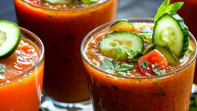 Refreshing homemade gazpacho showcases a blend of ripe tomatoes and herbs, served chilled in stylish glasses. Perfect for a summer gathering or a light appetizer on a warm afternoon.