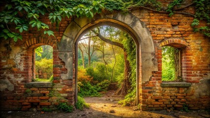 Overgrown Archway: Urban Exploration Garden Ruin Stock Photo