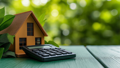 house model and calculator on table, symbolizing real estate investment and financial planning. vibrant greenery in background adds refreshing touch