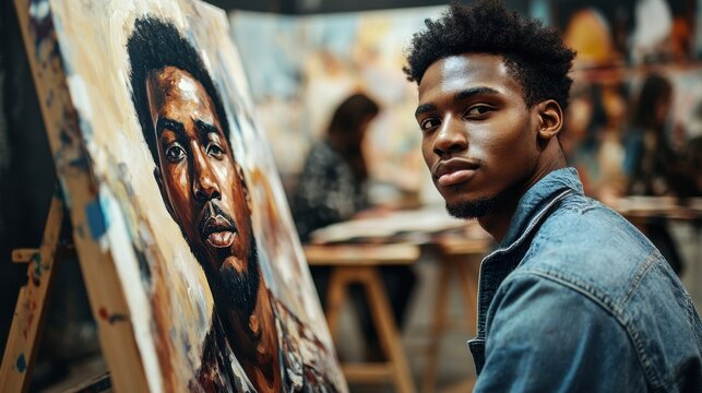 Multiracial students painting inside art room class at university - Focus on african man face - Powered by Adobe