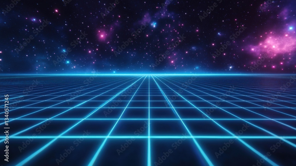 Fototapete retro 80s video game background with grid of blue light streaking in space
