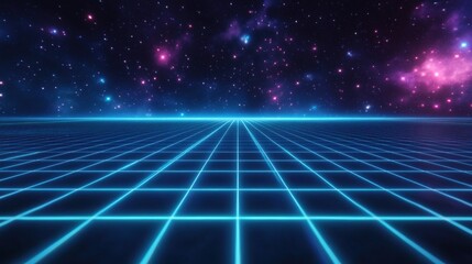 Retro 80s video game background with grid of blue light streaking in space