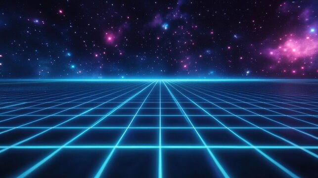 Retro 80s video game background with grid of blue light streaking in space