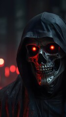A dark skeleton with glowing red eyes, resembling a grim reaper, looms in a shadowy, dystopian city environment.  