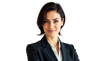 Professional businesswoman headshot, front view, isolated on transparent background. Ideal for corporate website, LinkedIn profile, and business presentations.