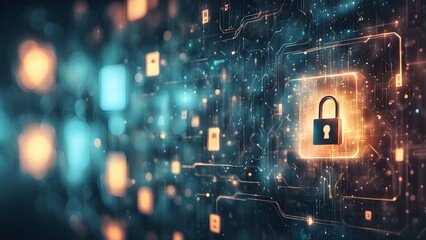 Abstract digital background image featuring a glowing padlock icon a circuit board, representing cybersecurity data protection.
