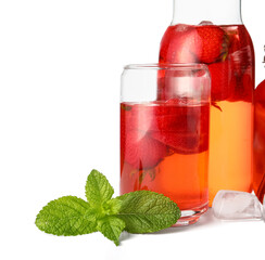 Bottle and glasses of infused water with strawberry on white background