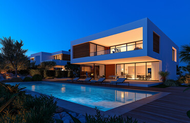 Fototapeta premium Modern villa with swimming pool and terrace, illuminated at night, showcasing contemporary architecture and lush landscaping. serene and inviting atmosphere
