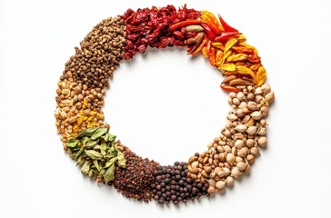Exotic spices from around the world, arranged in a circle,