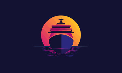 Naklejka premium Minimalist Cruise Ship Logo Design with Sunset Theme in Flat SVG Vector Style