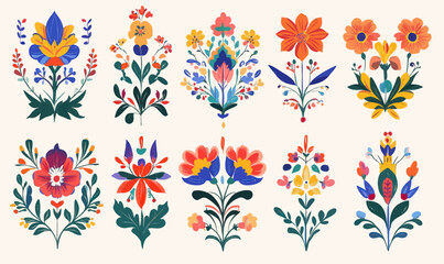 Vibrant Mexican Folk Art Vector with Symmetrical Floral Patterns for Textile and Decor