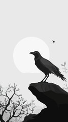 Fototapeta premium Minimalist Black and White Crow Illustration on Cliff with Moonlit Background