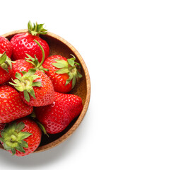 Bowl of fresh strawberries on white background