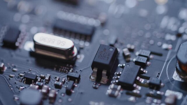 Close-up of Component Installation on Circuit Board. Electronic Devices Production Industry. Fully Automated PCB Assembly Line Equipped with Advanced High Precision Robot Arms. Electronics Factory.