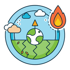 Global warming concept vector illustration, A vector illustration representing global warming, with a cracked Earth, flames, and clouds, symbolizing environmental destruction.
