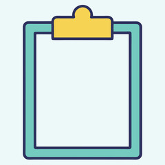 Clipboard vector illustration with blank paper, A vector illustration of a clipboard with a blank sheet of paper, featuring a yellow clip and a teal frame, set against a light blue background.
