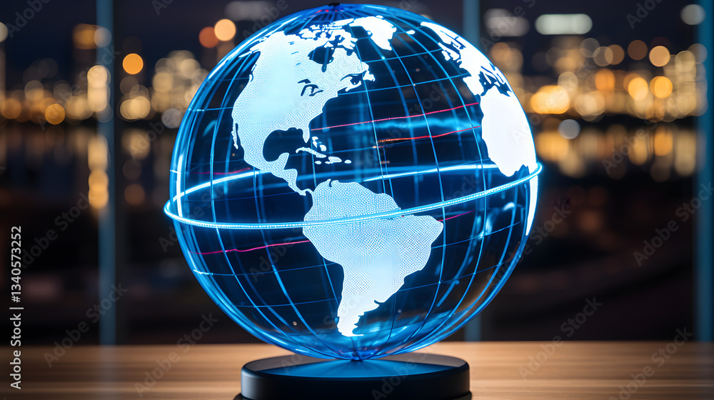 Poster beautifully illuminated globe on a table showcasing geocentric coordinates with grid lines and detai