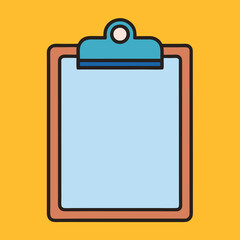 Clipboard vector illustration with blank paper, A vector illustration of a clipboard with a blank sheet of paper, featuring a teal clip and a brown frame, set against a yellow background.
