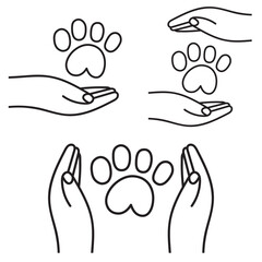Collection of icons. Human hands and dog paw. Care and protection. Vector hand drawn illustrations on white background.