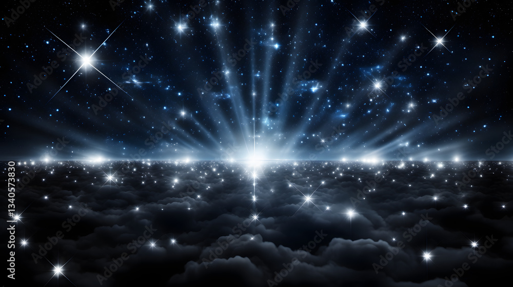 Poster enchanting night sky featuring stars and clouds with geodesic paths illustrated by intersecting line