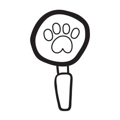 Outline icon. Magnifying glass and dog paw. Hand drawn illustration on white background.