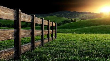 Obraz premium Sunset over Rolling Hills and Wooden Fence