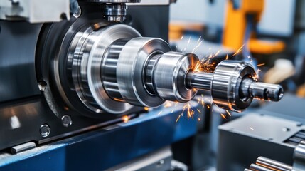 Naklejka premium Steel grinding tool in action with flying sparks, showcasing industrial precision and power.