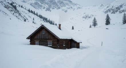 Cabin in Snowy Mountains Peaceful Winter Scene Cozy Getaway