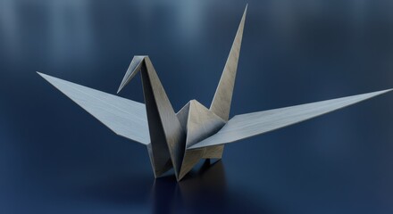 Origami Bird Crafted with Gray Paper on Blue Background Creates Serenity
