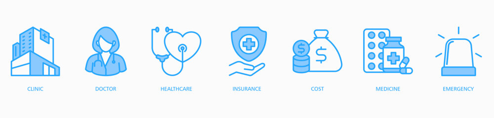 Obraz premium Medicare banner web icon vector illustration concept with icon of clinic, doctor, healthcare, insurance, cost, medicine and emergency 