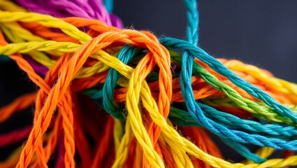 Close-up of intertwined, colorful threads and strings